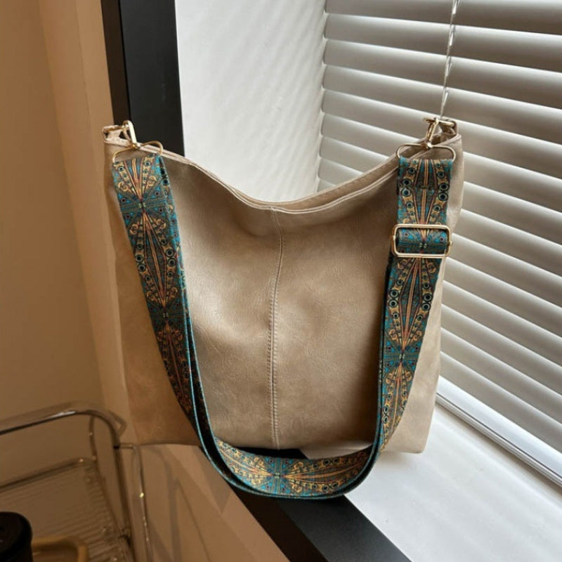 Women's Textured Leather Shoulder Bag with Patterned Strap