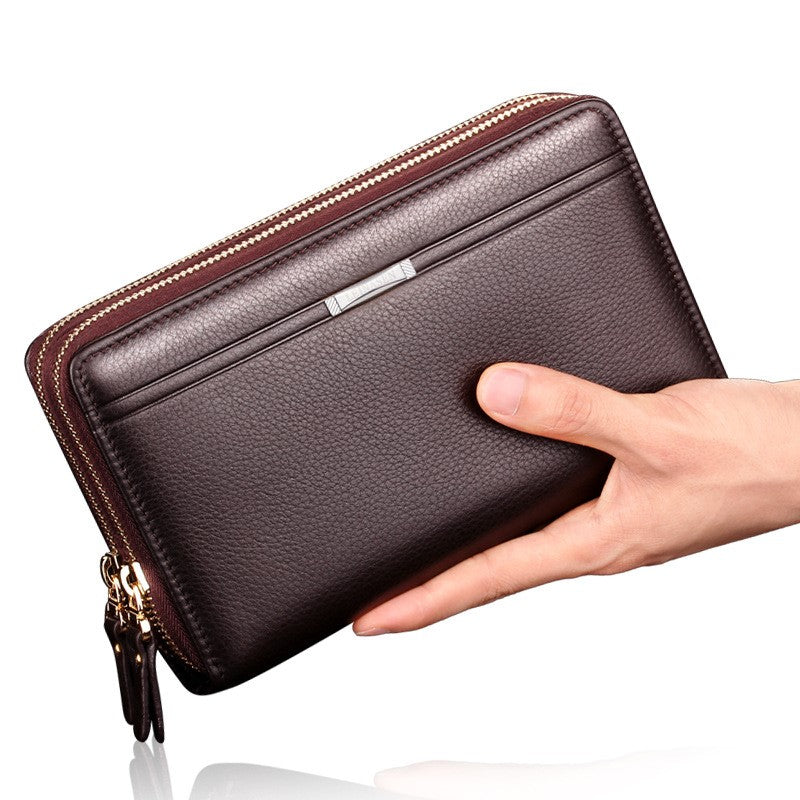 Men's Double Zipper PU Leather Business Clutch Wallet