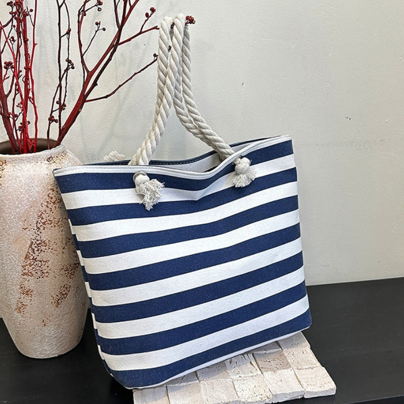 Women's Classic Striped Canvas Rope Handle Tote