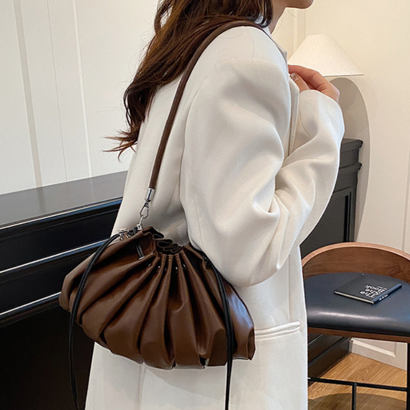 Women's Soft Pleated Shoulder Bag with Drawstring Detail