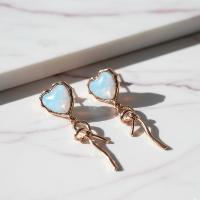 White Mocha Stone Heart Bow Ribbon Earrings