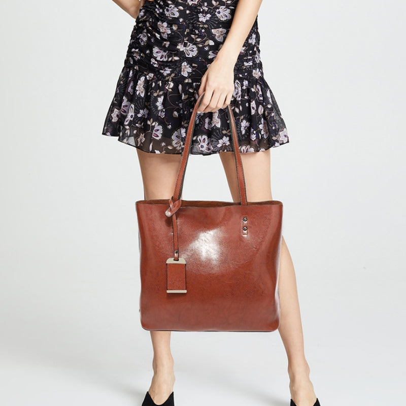 Women's High Gloss Leather Shoulder Bag with ID Tag