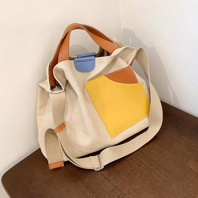 Contrast Color Canvas Bucket Tote Bag