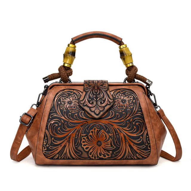 Color Block Wooden Handle Handbag
