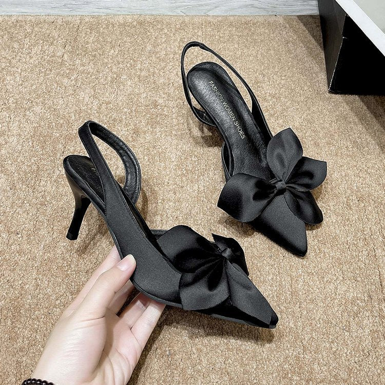 Satin Bow Flower Closed-Toe Stiletto Heels
