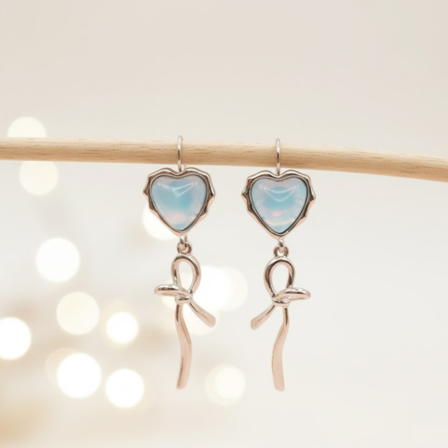 White Mocha Stone Heart Bow Ribbon Earrings