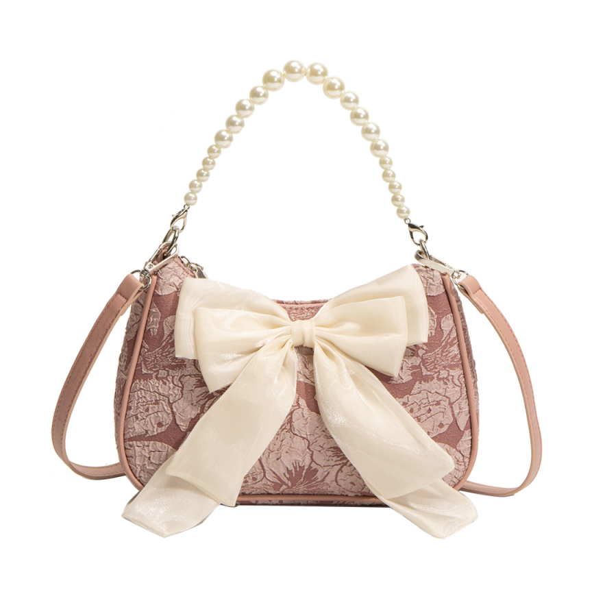 Bow Shoulder Canvas Bag with Pearl Strap Design