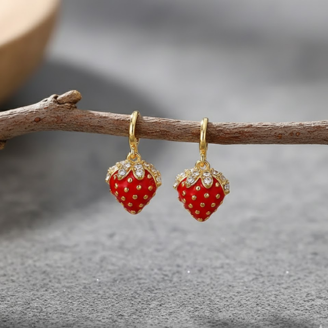 Exquisite Strawberry Design Gold Earrings