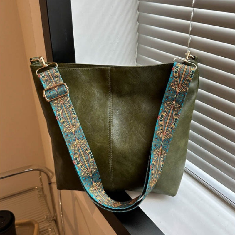 Women's Textured Leather Shoulder Bag with Patterned Strap