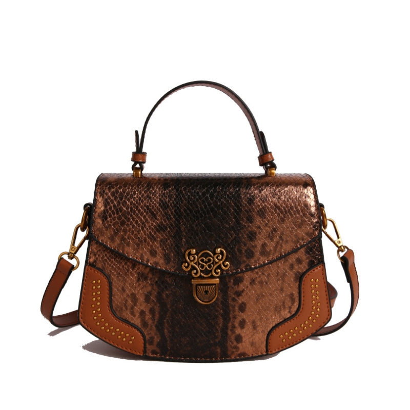 Luxe Snake Embossed Ornate Buckle Handbag