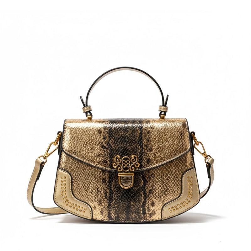Luxe Snake Embossed Ornate Buckle Handbag