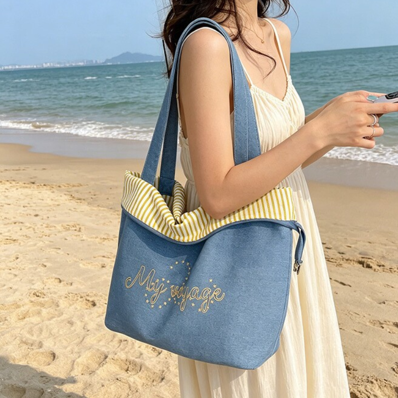 Modern Denim Embroidered Tote Bag
