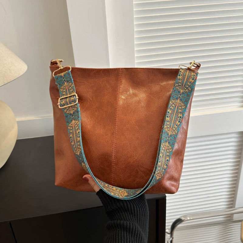 Women's Textured Leather Shoulder Bag with Patterned Strap