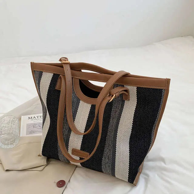 Canvas Striped Contrast Tote Bag