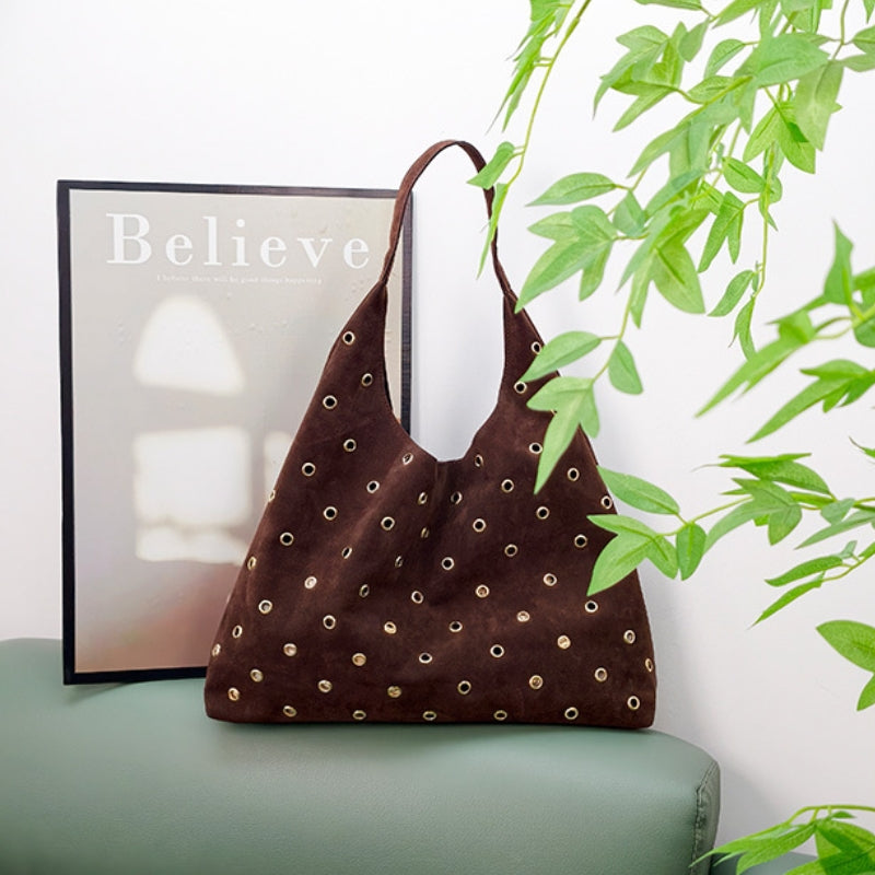 Grommet Adorned Suede Origami Shoulder Bag