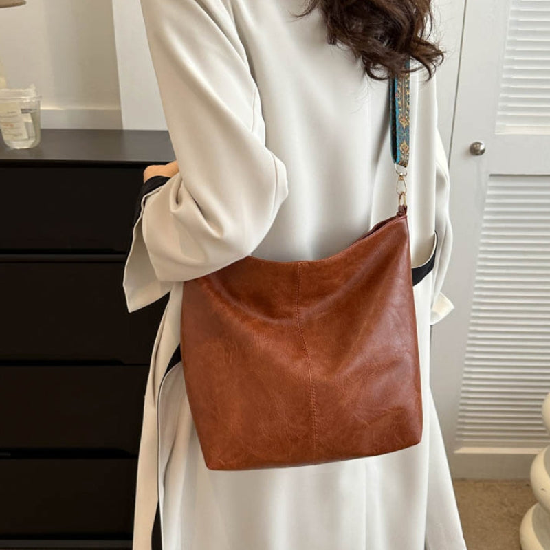 Women's Textured Leather Shoulder Bag with Patterned Strap