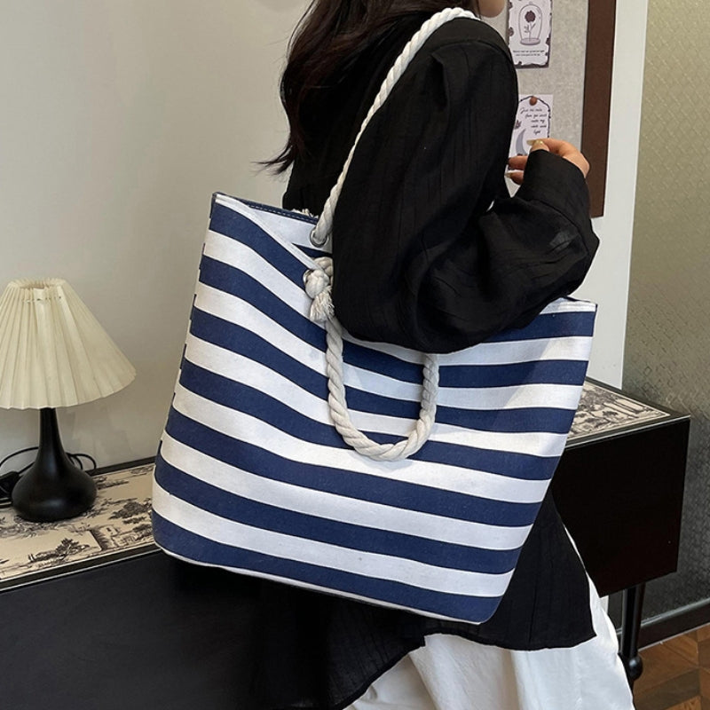 Women's Classic Striped Canvas Rope Handle Tote