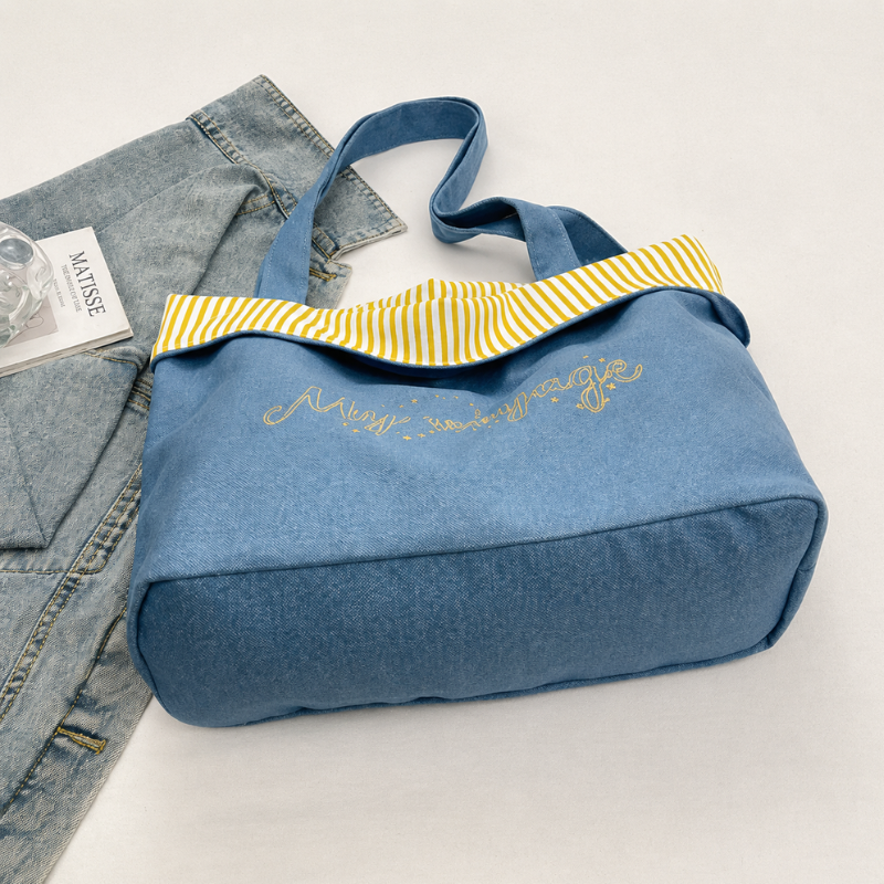 Modern Denim Embroidered Tote Bag