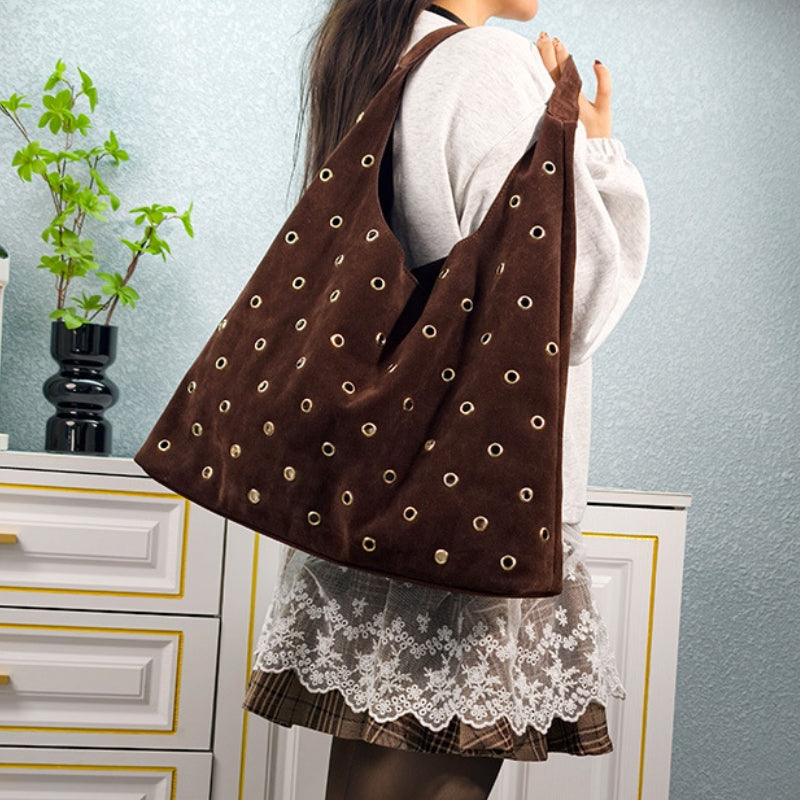 Grommet Adorned Suede Origami Shoulder Bag