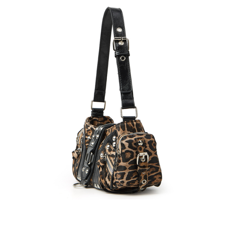 Leopard Studded Buckle Shoulder Bag