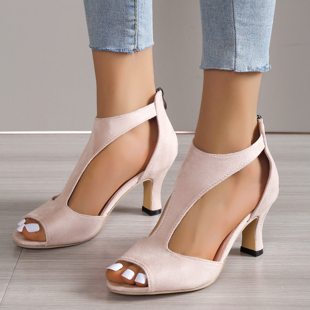 Suede Peep-Toe Chunky Heel Heels