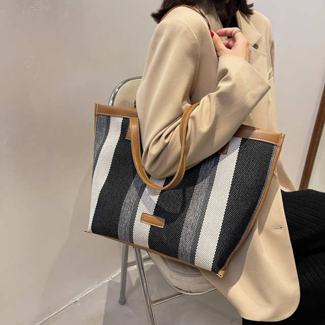 Canvas Striped Contrast Tote Bag