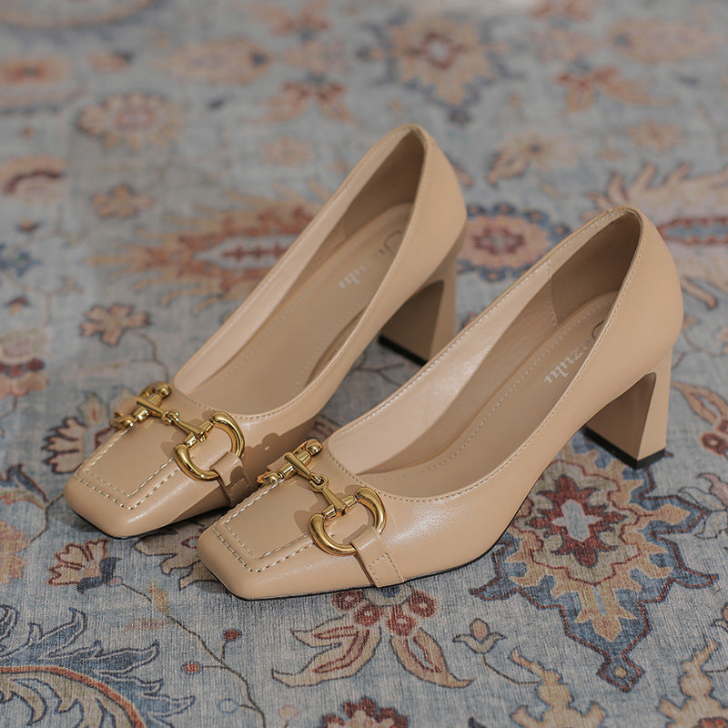 French Retro Square Toe Chunky Heel Pumps