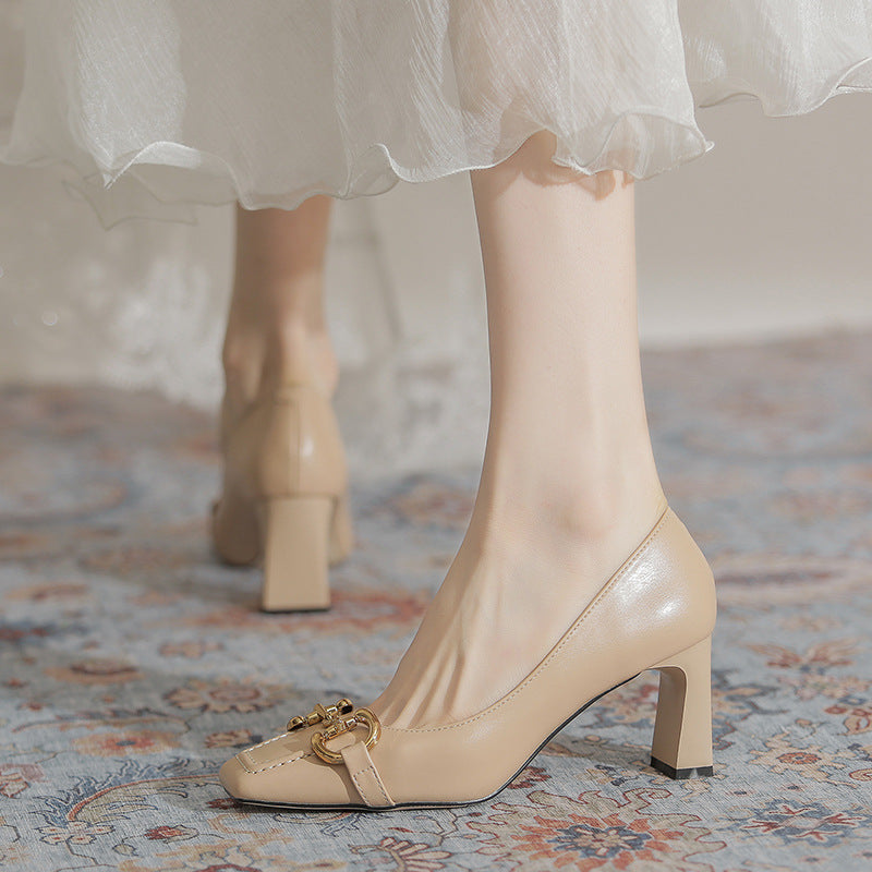 French Retro Square Toe Chunky Heel Pumps