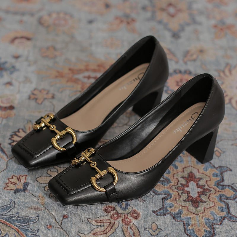 French Retro Square Toe Chunky Heel Pumps