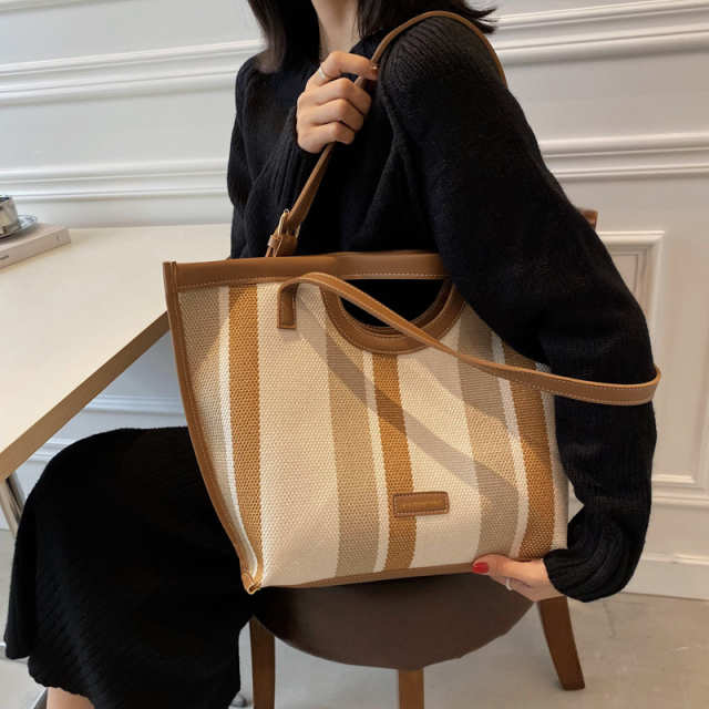 Canvas Striped Contrast Tote Bag