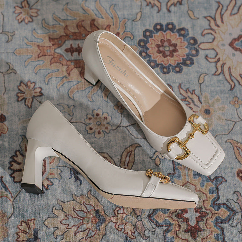 French Retro Square Toe Chunky Heel Pumps