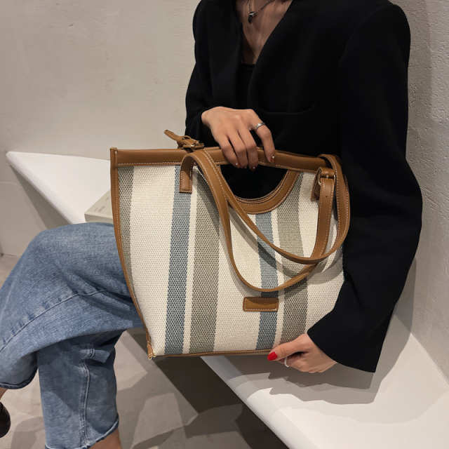 Canvas Striped Contrast Tote Bag