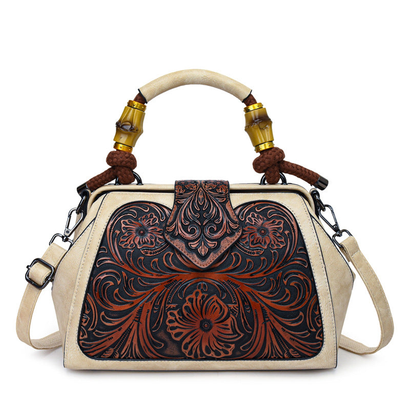 Color Block Wooden Handle Handbag