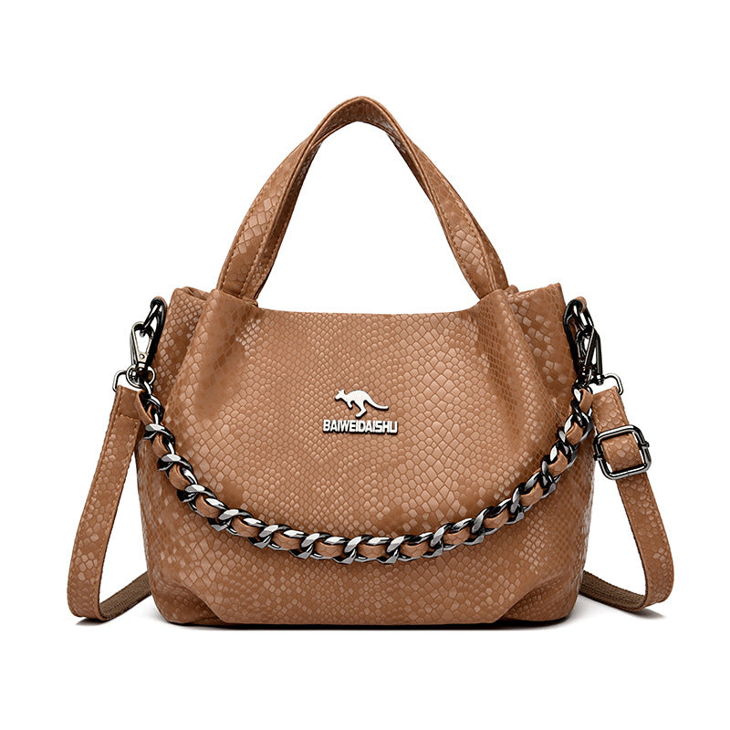 Pleat Chain Genuine Leather Handbag