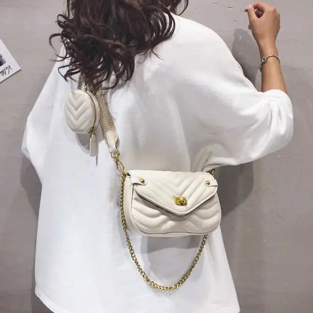 PU Leather Chain Drawstring Travel Shoulder Bag