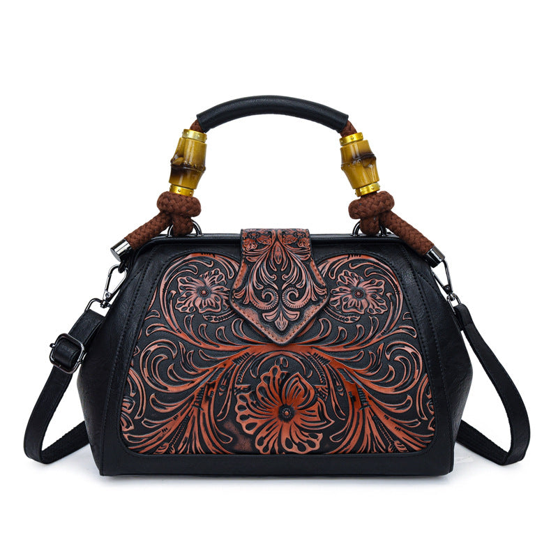 Color Block Wooden Handle Handbag