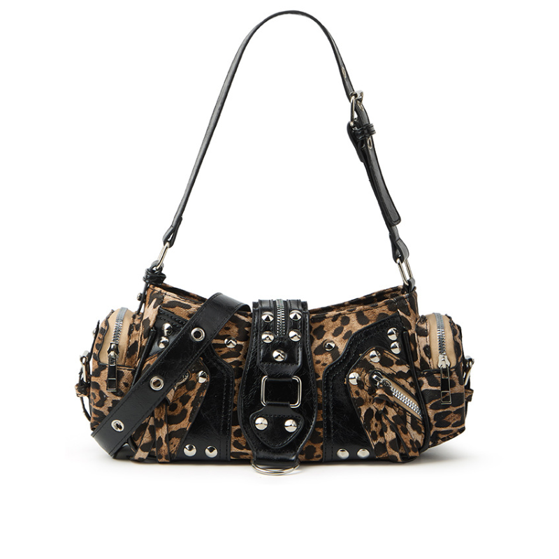 Leopard Studded Buckle Shoulder Bag