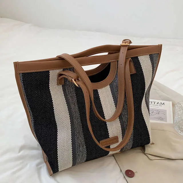 Canvas Striped Contrast Tote Bag