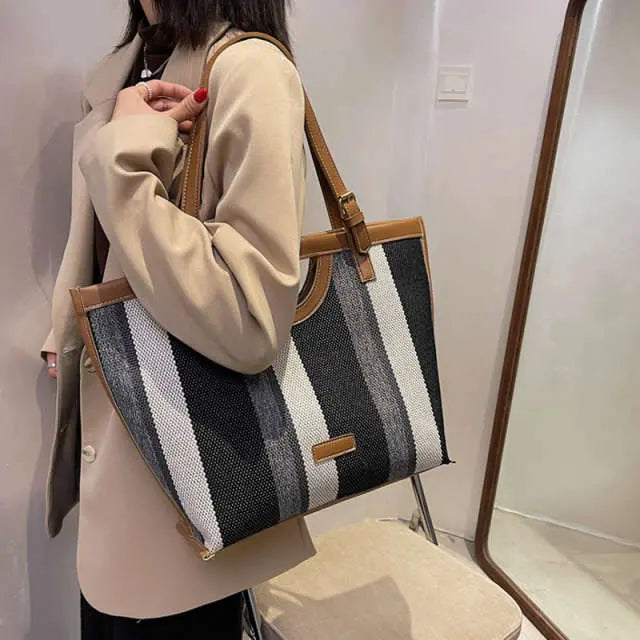 Canvas Striped Contrast Tote Bag