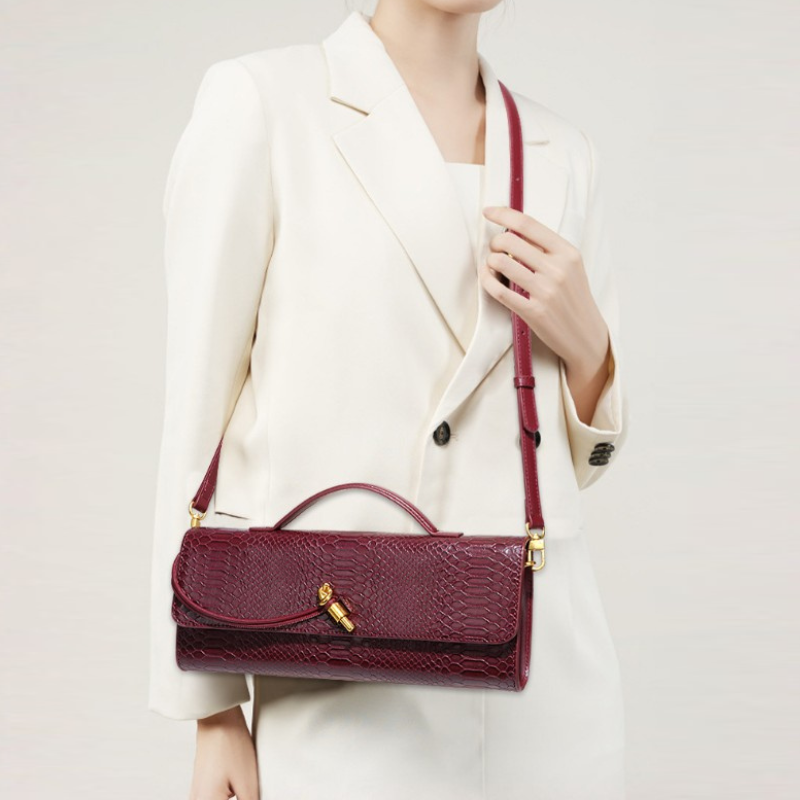 Bordeaux Croc Texture Structured Handbag