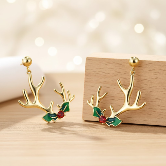 Asymmetric Green Bowknot Reindeer Earrings