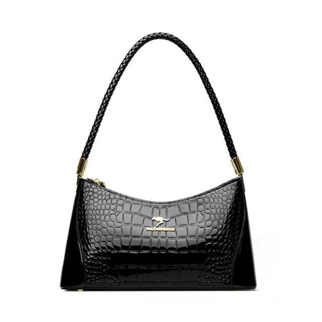 Crocodile-embossed shoulder bag with textured leather gold accents
